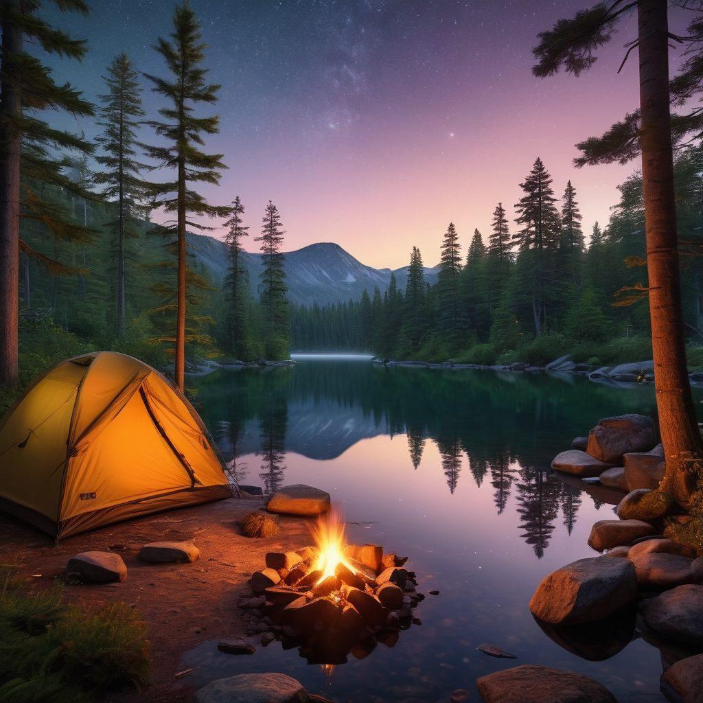 A serene forest landscape at twilight, with a glowing campfire surrounded by a cozy tent, twinkling stars overhead, and a tranquil lake reflecting the moonlight. Include essential camping gear like a backpack and a compass subtly placed in the foreground. Capture a sense of adventure and peacefulness. vibrant colors. super-realistic.