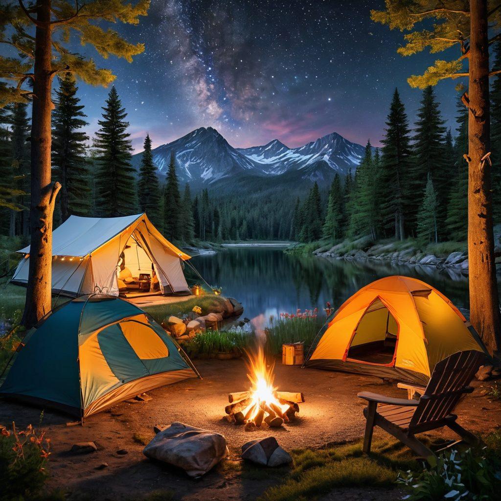 A serene campsite set amidst a lush forest, featuring a cozy tent, crackling campfire, and family roasting marshmallows under a starry sky. Include vibrant wildflowers dotting the landscape and playful wildlife peeking through the trees. A distant mountain range adds depth to the scene, evoking a sense of adventure and tranquility. Create a warm, inviting atmosphere that captures the essence of unforgettable camping memories. super-realistic. vibrant colors. 3D.