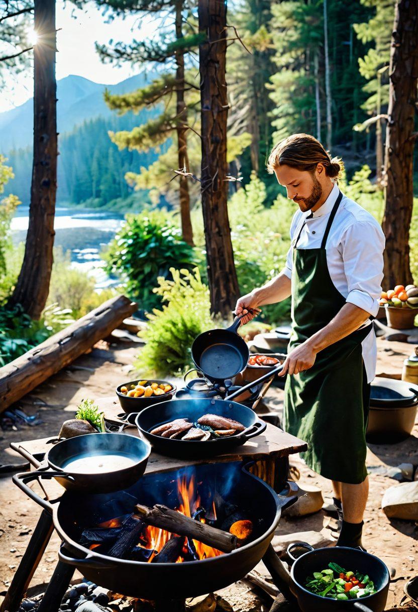 A beautifully set rustic camp kitchen in a lush forest, featuring a cast iron skillet sizzling over an open fire, fresh wild ingredients scattered around, and a chef passionately preparing gourmet dishes outdoors. Sunlight filtering through the trees adds warmth to the scene, with a backdrop of mountains and a serene river. Include a variety of cooking tools and colorful plates of food beautifully arranged. vibrant colors. painting.